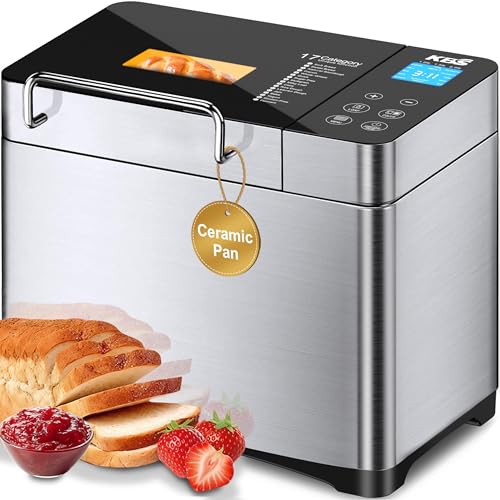 KBS Pro 710W 2.2LB Bread Maker, Stainless Steel 17-in-1 Smart Bread Machine with Healthy Ceramic Pan, Automatic Nut Dispenser, Tempered Glass Touch Panel, 3 Crust Colors, 15H Timer &Keep-Warm, Recipes