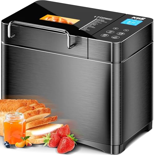 KBS Premium 2.2LB Convection Bread Maker Dual Heaters, 710W Stainless Steel 17-in-1 Bread Machine Healthy Ceramic Pan, Nut Dispenser,Touch Panel,3 Loaf Sizes 3 Crust Colors,15H Timer,Low Noise,Recipes
