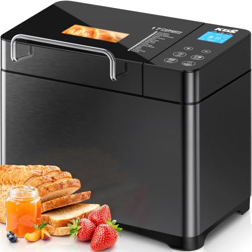 KBS 710W 2LB Bread Maker Dual Heaters, 17-in-1 Stainless Steel Bread Machine with Healthy Ceramic Pan, Automatic Nut Dispenser, Tempered Glass Touch Panel, 3 Crust Colors, 15H Timer& Keep-Warm,Recipes