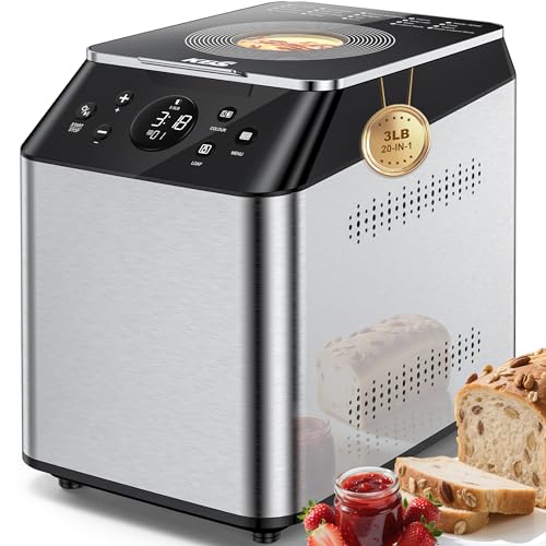 KBS 750W Programmable Bread Maker, Dual Heaters Bread Machine with 3LB Ceramic Pan & Fruit Dispenser,20-in-1 Stainless Steel Automatic Bread Maker Machine with Quiet Brushless Motor,15H Timer,3 Colors