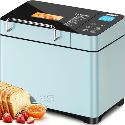 KBS Blue Bread Maker, 2.2LB Smart Bread Machine with Healthy Ceramic Pan, Touchscreen, Auto Nut Dispenser, 17 Automatic Programs, Gluten Free, Sourdough, Dough, Yogurt&Jam, 15H Timer, Stainless Steel